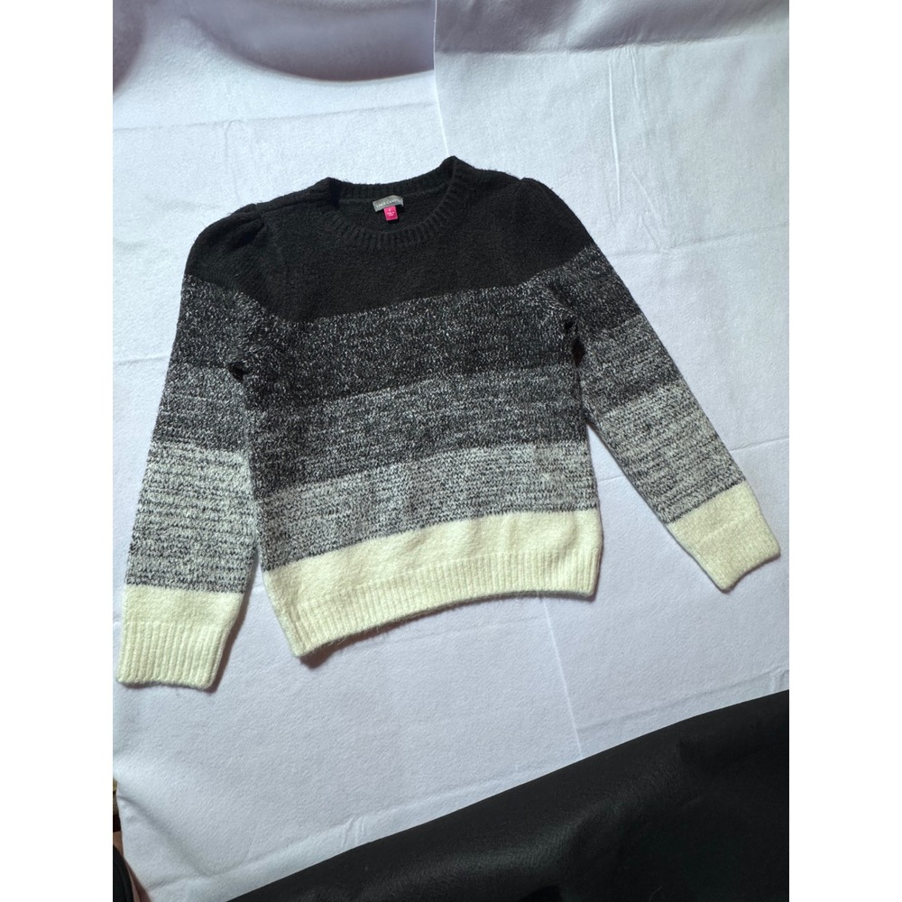 Vince Camuto Womens Ombre Colorblock Sweater Black Grey White Puff Sleeve Small
